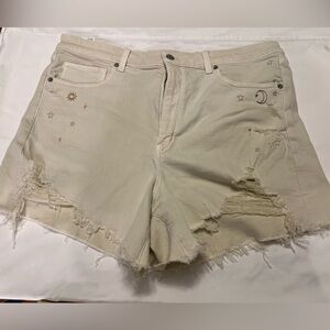 American Eagle Distressed Cream Denim Shorts with Star & Moon Embroidery